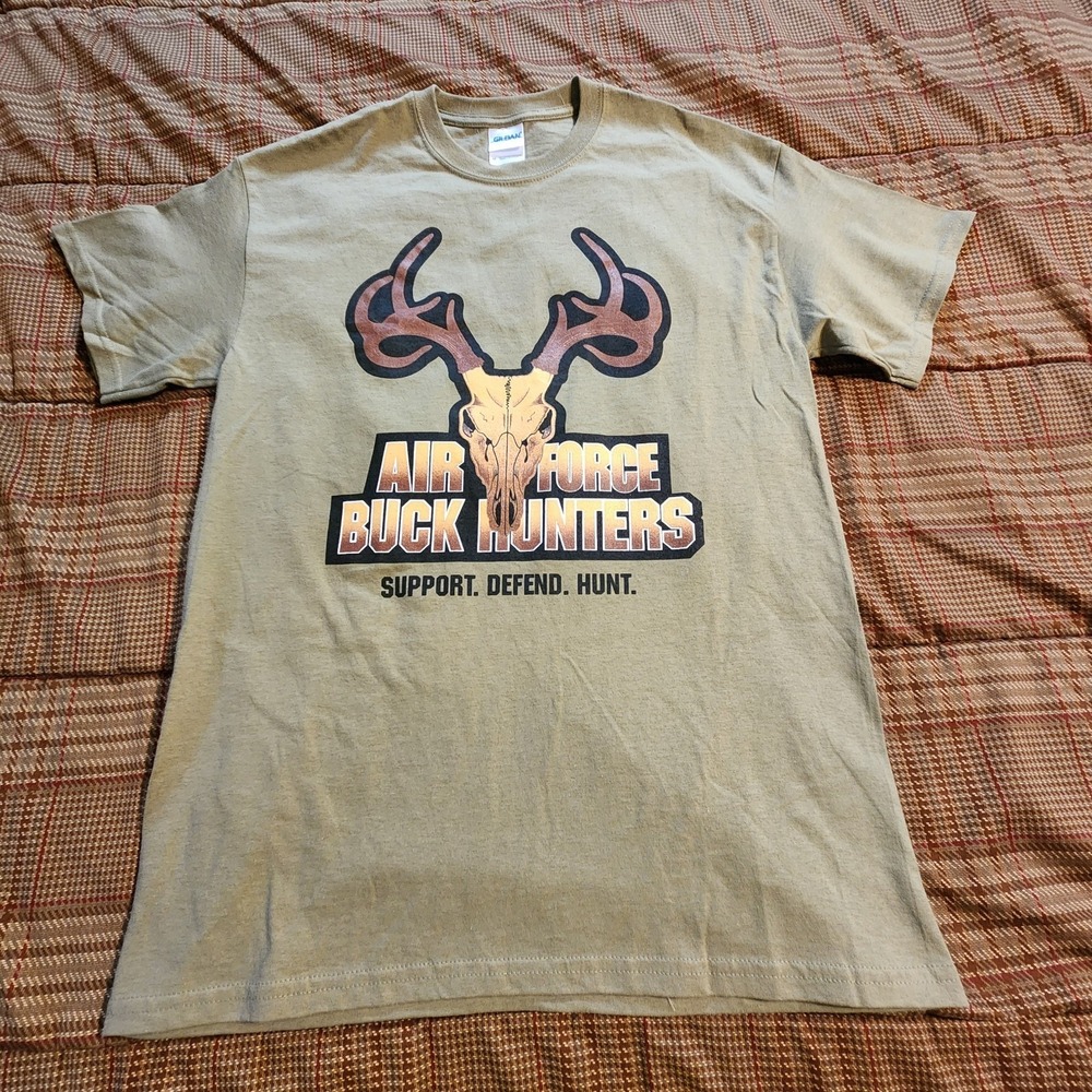 Air Force Buck Hunters Whitetail Graphic T-Shirt Medium Tan Double Sided Cotton